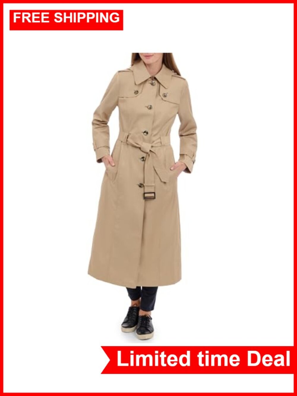 Single Breasted Long Trench Coat With Epaulettes and Belt